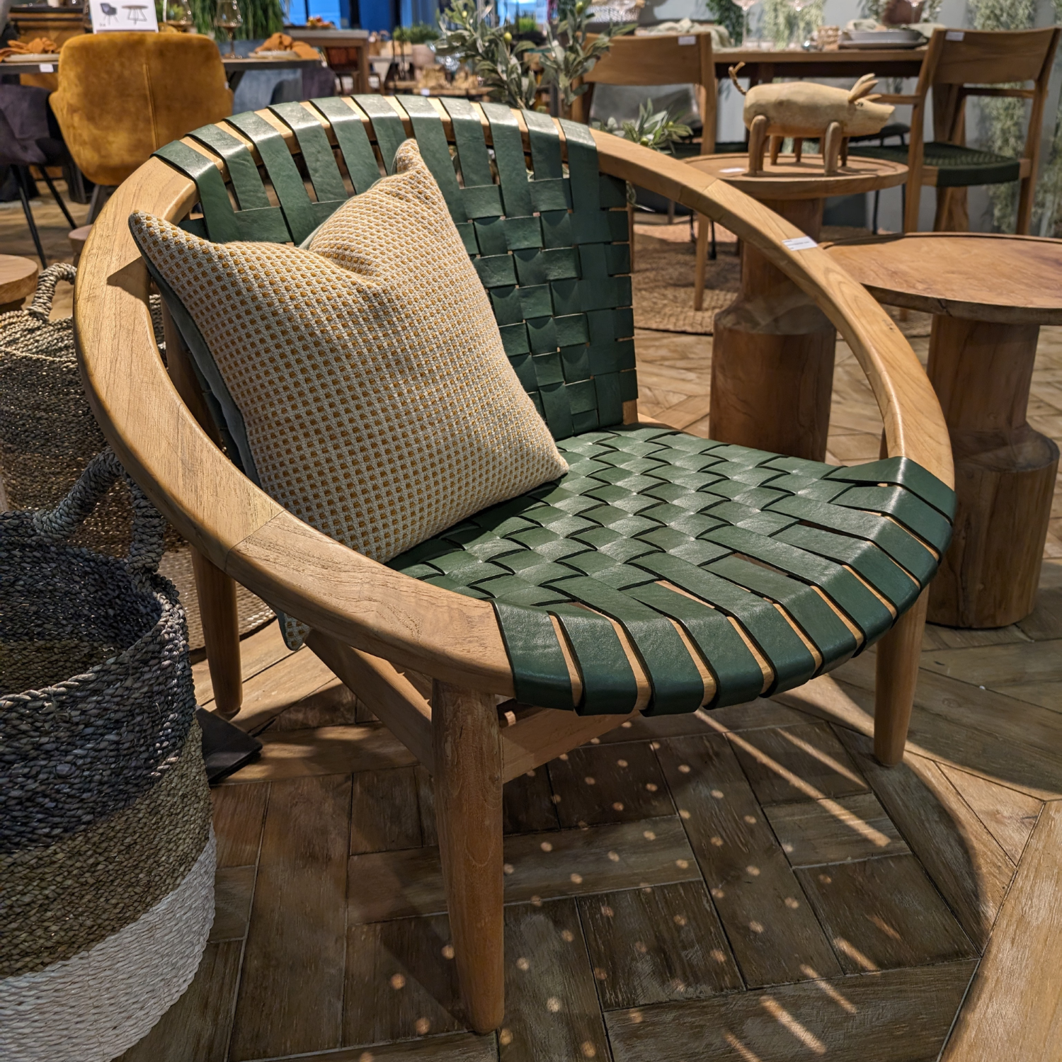 Green Leather Moon Chair with Curved Teak Frame