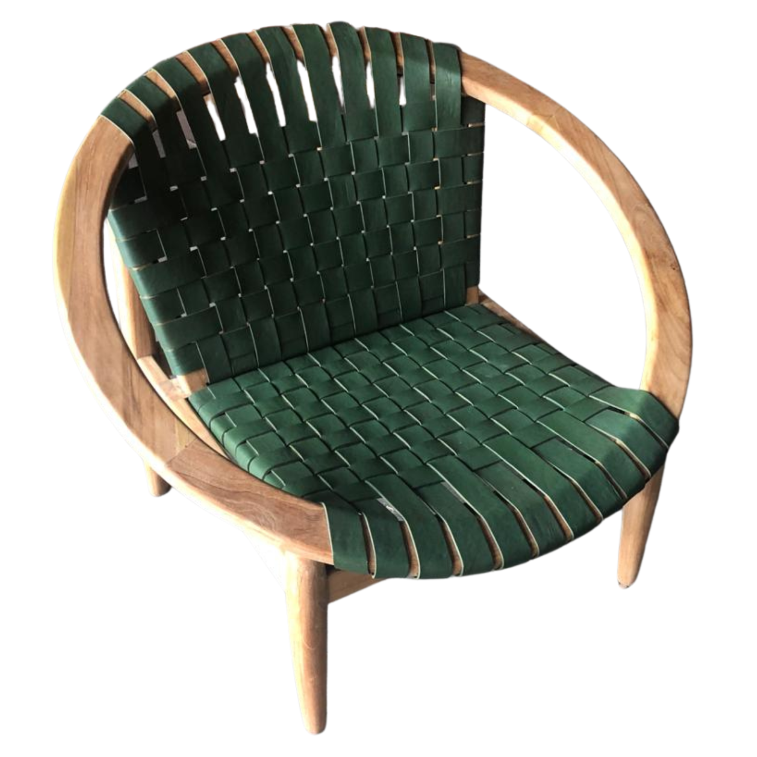 Green Leather Moon Chair with Curved Teak Frame - Home Furniture Interiors