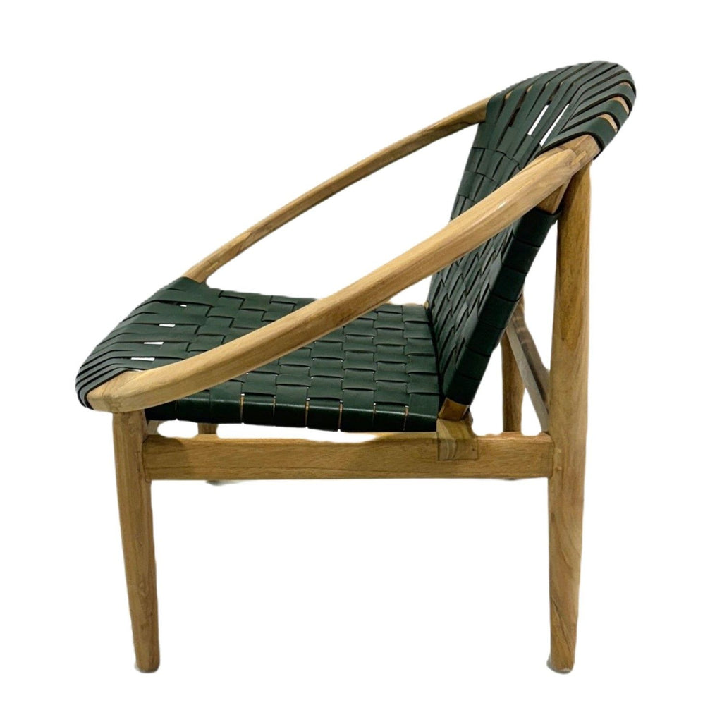 Green Leather Moon Chair with Curved Teak Frame - Home Furniture Interiors