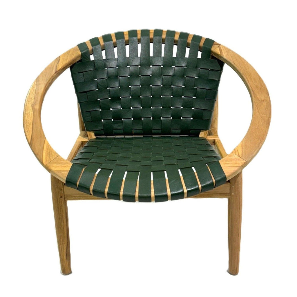 Green Leather Moon Chair with Curved Teak Frame - Home Furniture Interiors