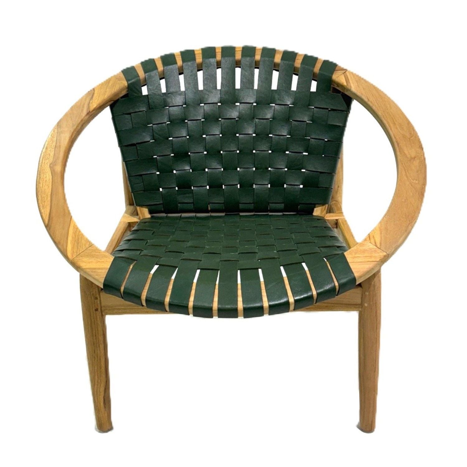 Green Leather Moon Chair with Curved Teak Frame - Home Furniture Interiors