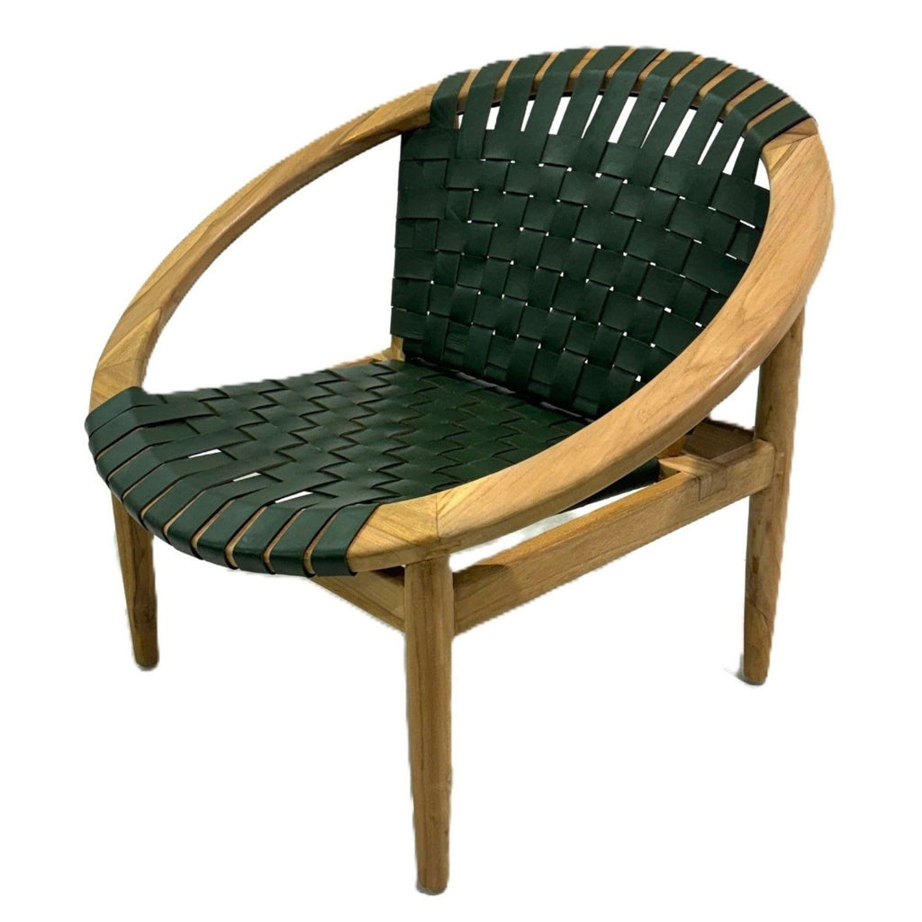 Green Leather Moon Chair with Curved Teak Frame - Home Furniture Interiors