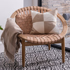 Natural Leather and Teak Round Moon Chair with Woven Seat