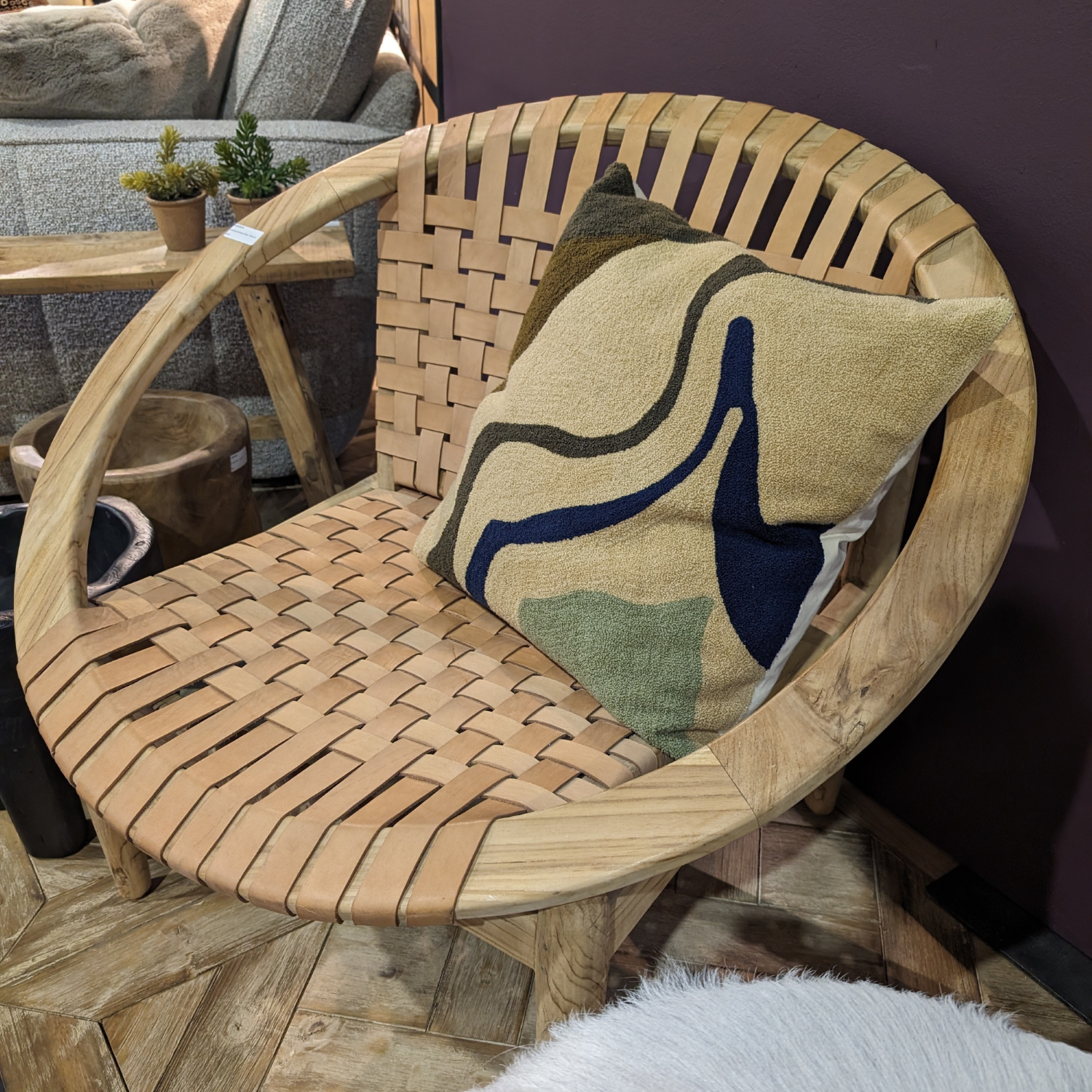 Natural Leather and Teak Round Moon Chair with Woven Seat - Home Furniture Interiors