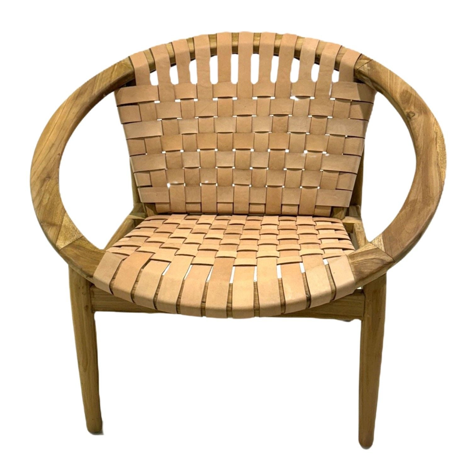 Natural Leather and Teak Round Moon Chair with Woven Seat - Home Furniture Interiors