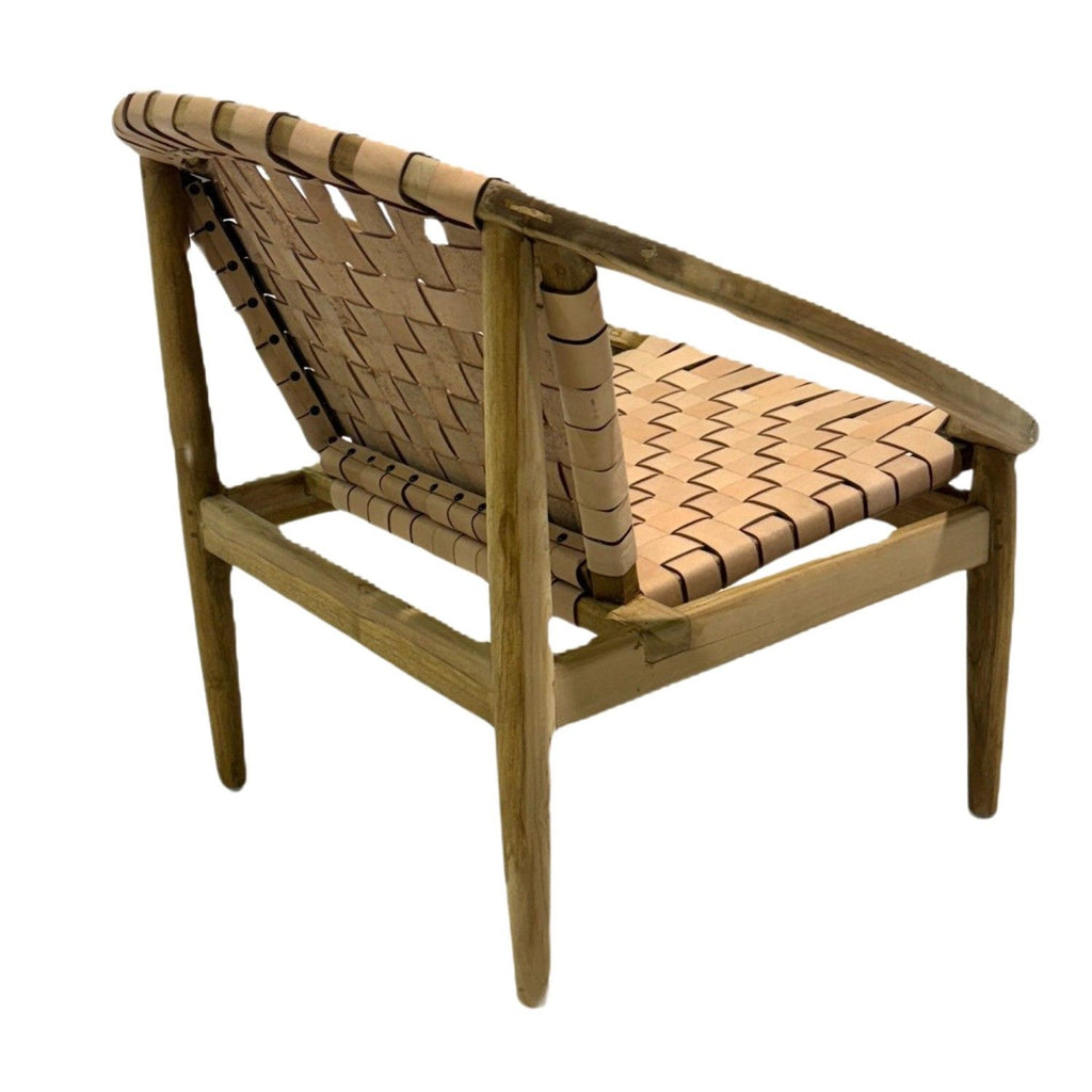 Natural Leather and Teak Round Moon Chair with Woven Seat - Home Furniture Interiors