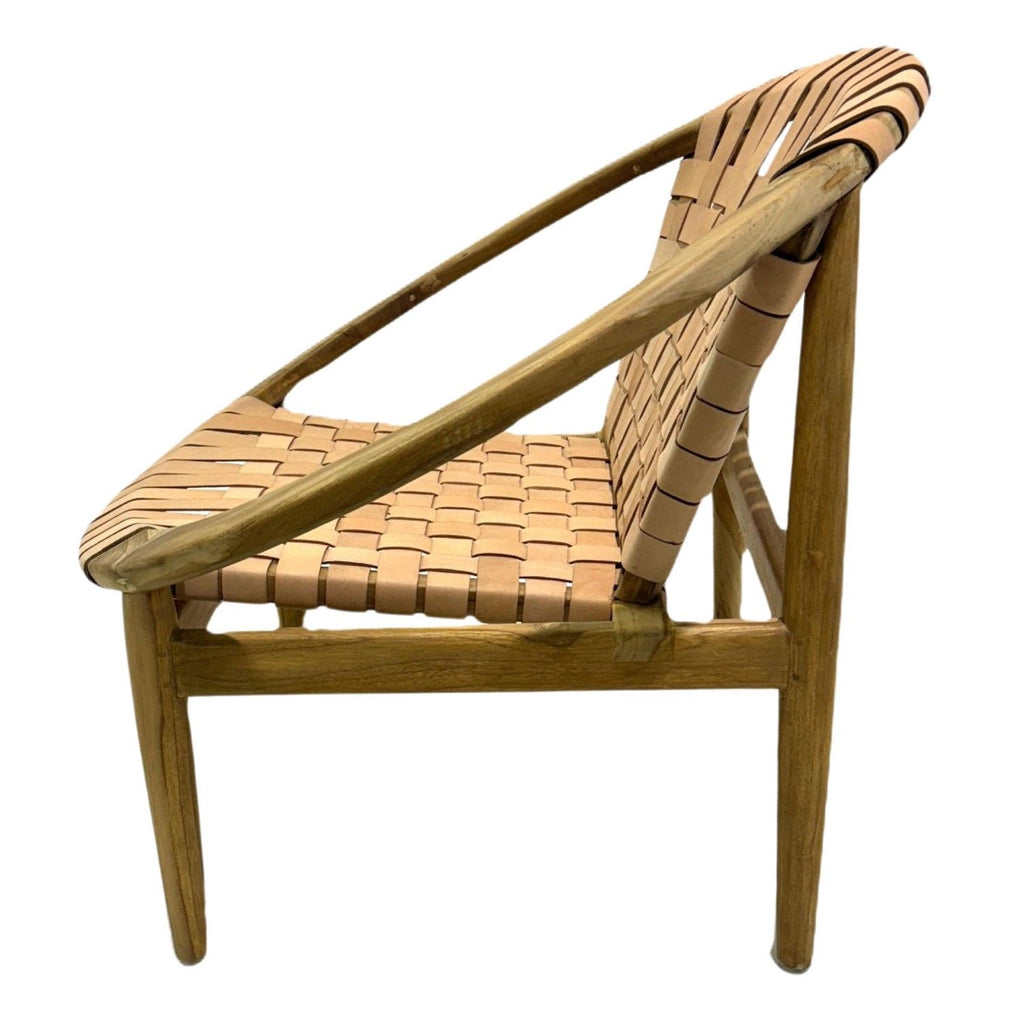 Natural Leather and Teak Round Moon Chair with Woven Seat - Home Furniture Interiors