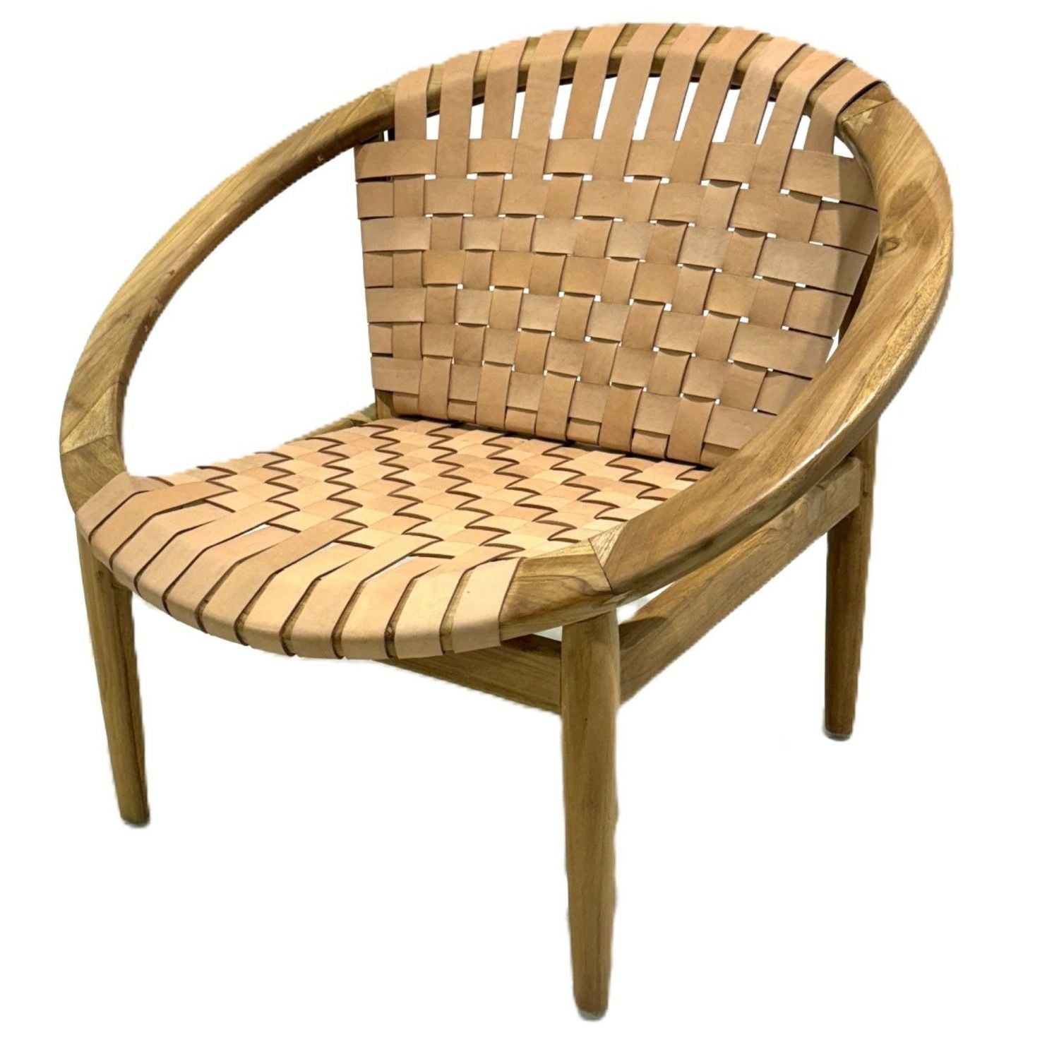 Natural Leather and Teak Round Moon Chair with Woven Seat - Home Furniture Interiors