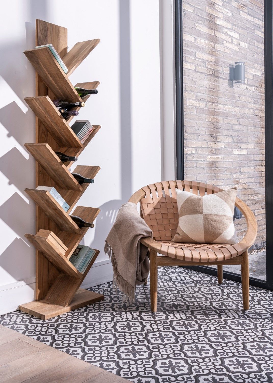 Natural Leather and Teak Round Moon Chair with Woven Seat - Home Furniture Interiors