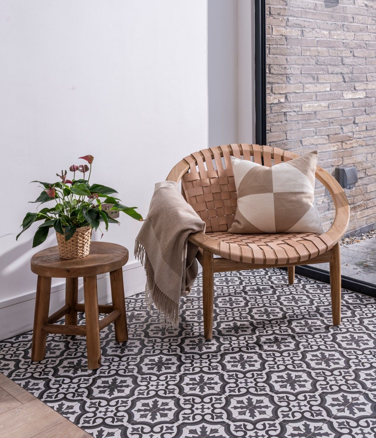 Natural Leather and Teak Round Moon Chair with Woven Seat - Home Furniture Interiors
