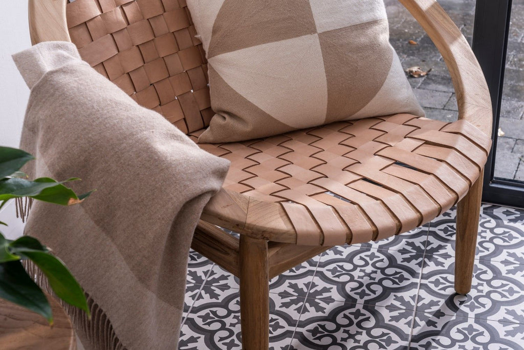 Natural Leather and Teak Round Moon Chair with Woven Seat - Home Furniture Interiors