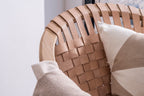 Natural Leather and Teak Round Moon Chair with Woven Seat - Home Furniture Interiors