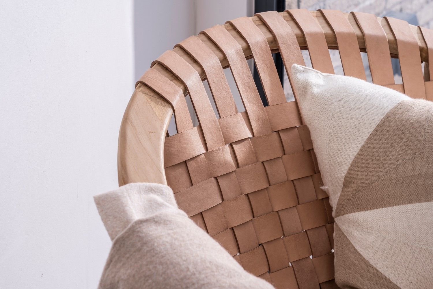 Natural Leather and Teak Round Moon Chair with Woven Seat - Home Furniture Interiors