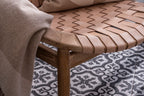 Natural Leather and Teak Round Moon Chair with Woven Seat - Home Furniture Interiors