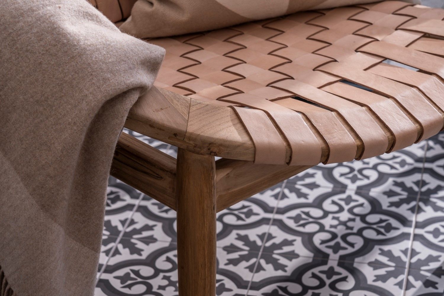 Natural Leather and Teak Round Moon Chair with Woven Seat - Home Furniture Interiors