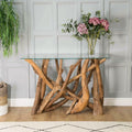 Modern Natural Teak Root Console Table with Tempered Glass Top