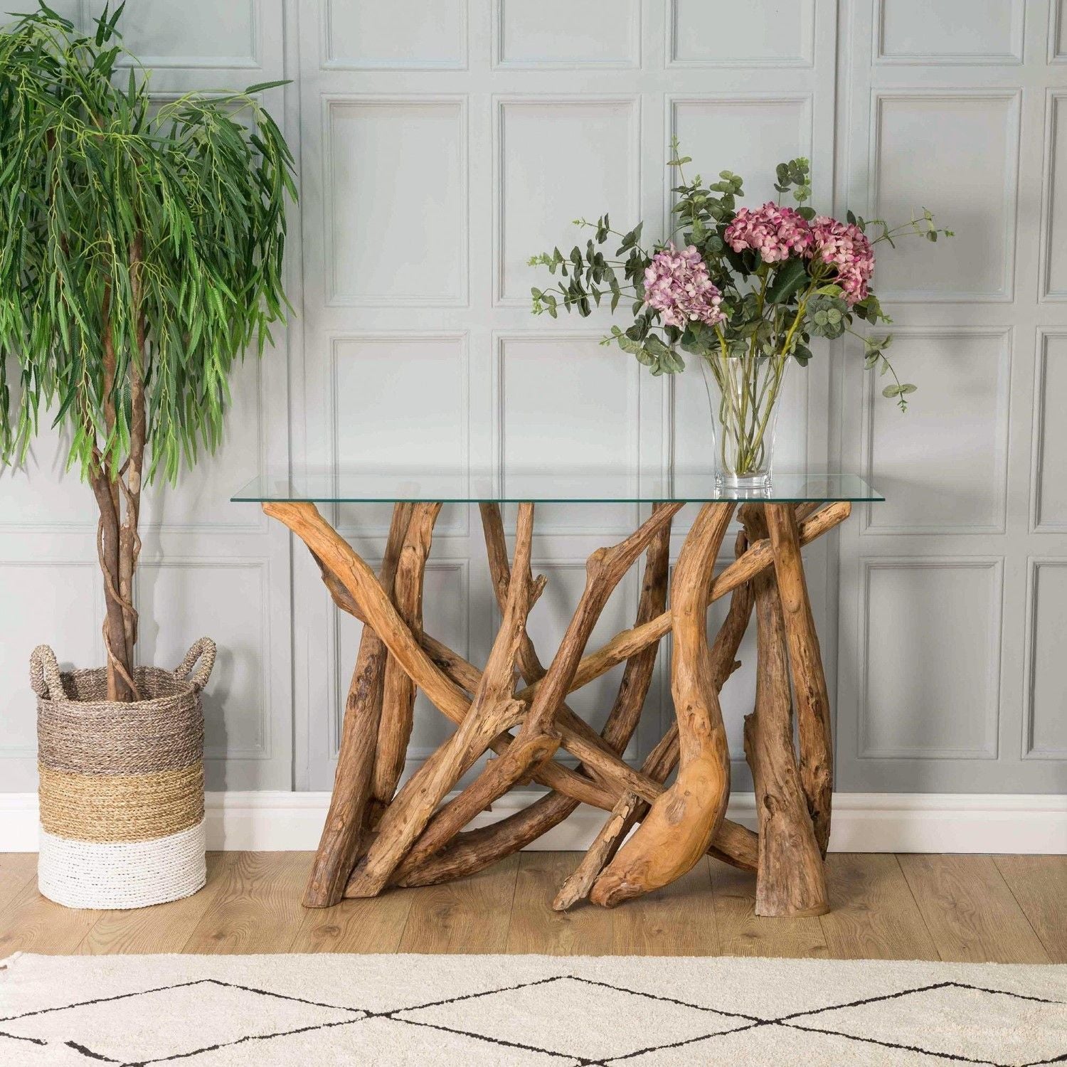 Modern Natural Teak Root Console Table with Tempered Glass Top - Home Furniture Interiors