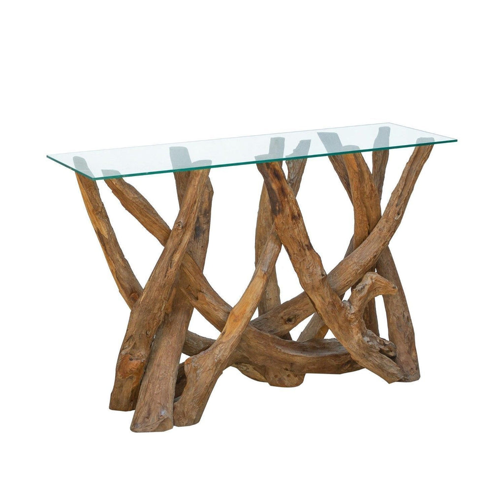 Modern Natural Teak Root Console Table with Tempered Glass Top - Home Furniture Interiors