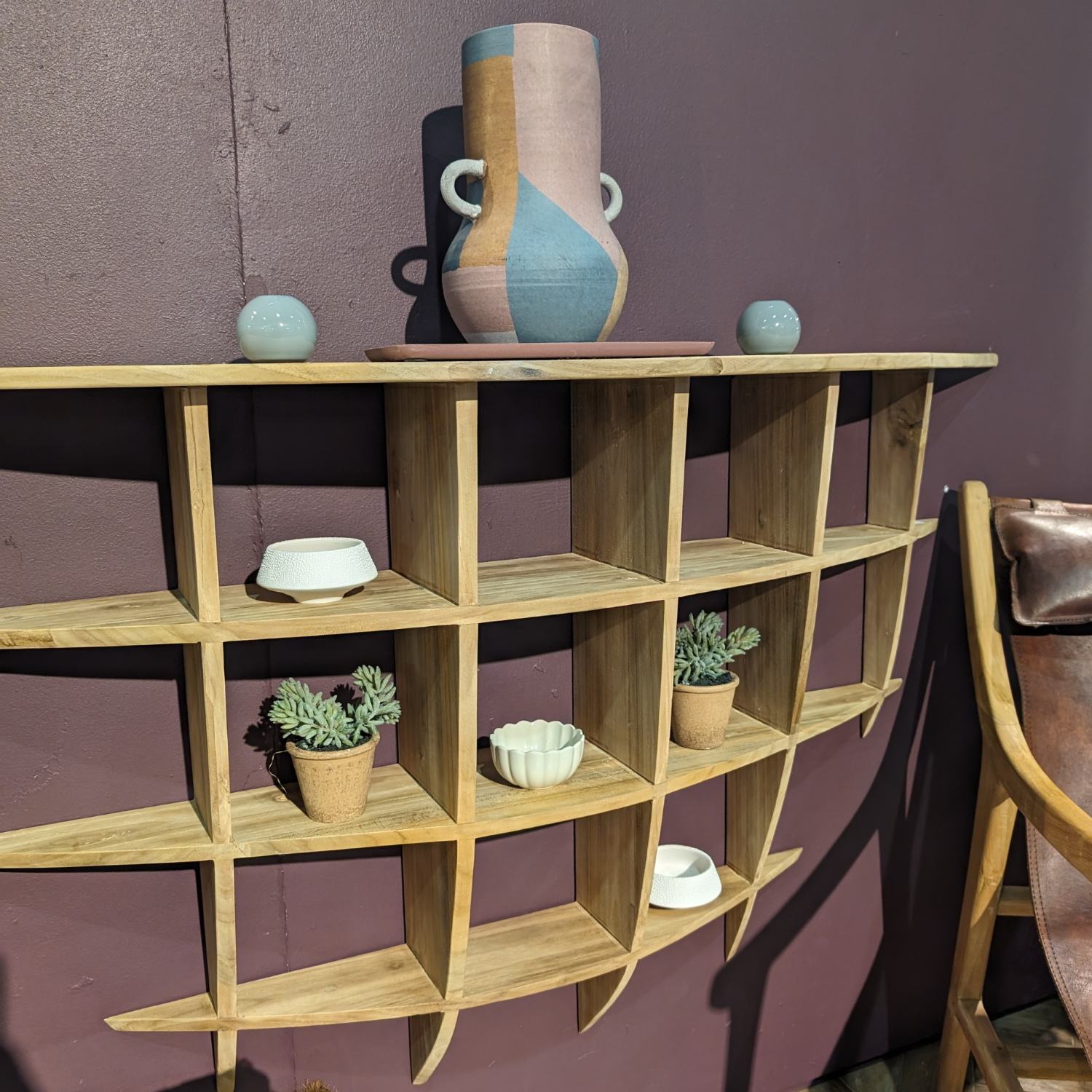 Modern Teak Wood Wall Console Table with Multi Cubed Display Shelves