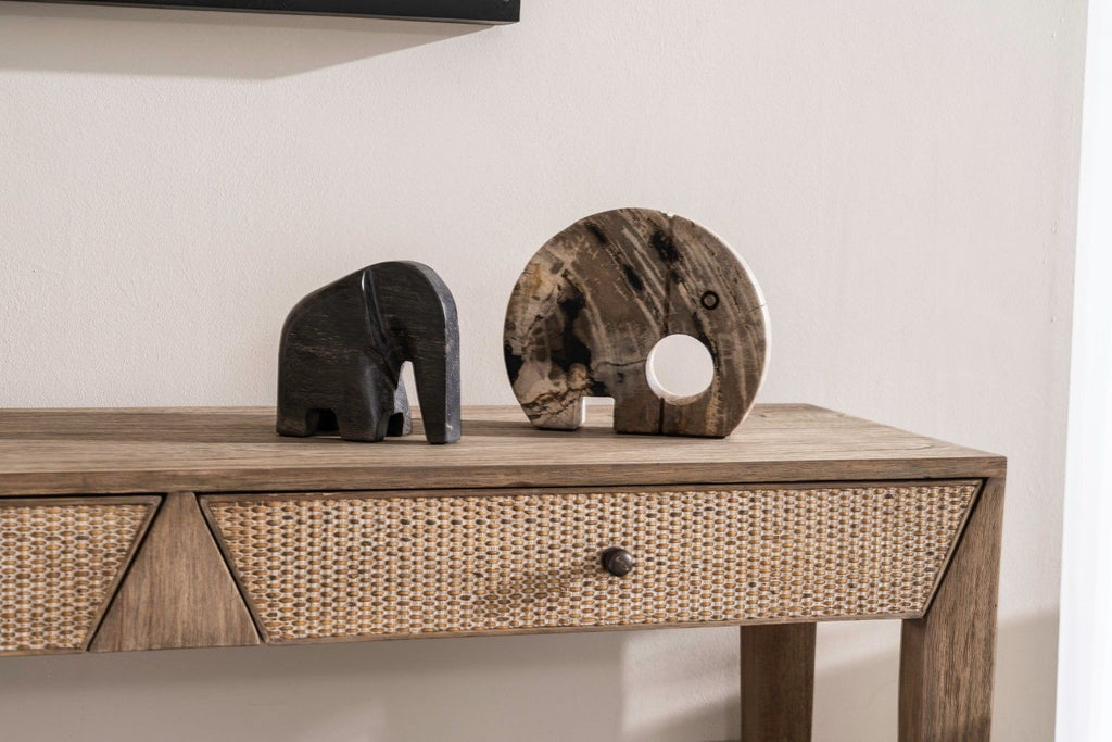 Natural Mango Wood 2 Rattan Textured Drawers Console Table with Shelf - Home Furniture Interiors
