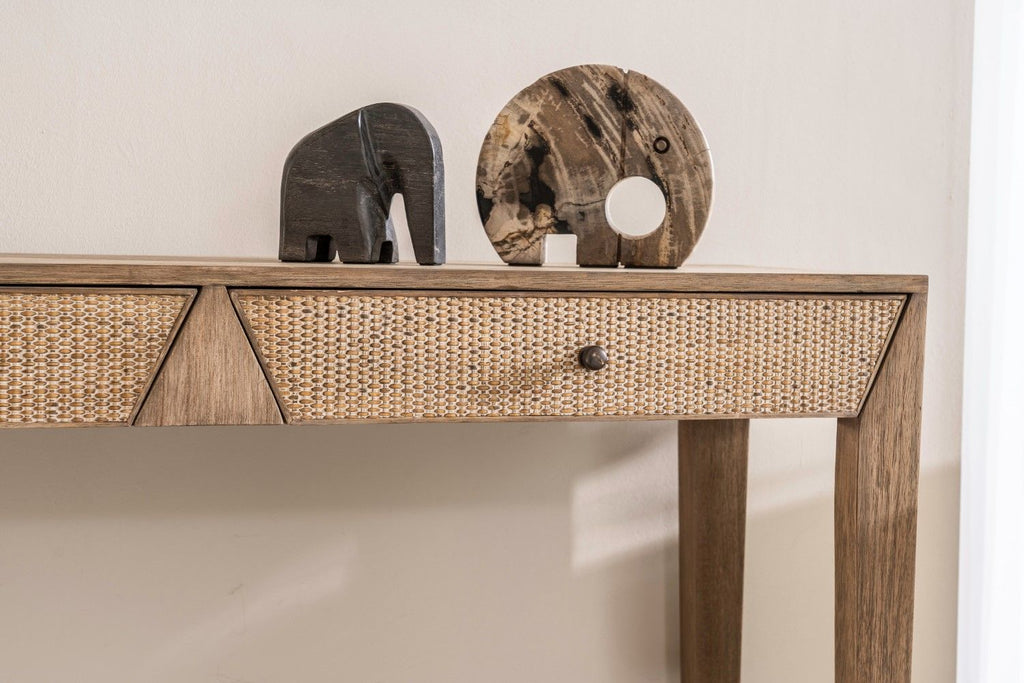 Natural Mango Wood 2 Rattan Textured Drawers Console Table with Shelf - Home Furniture Interiors