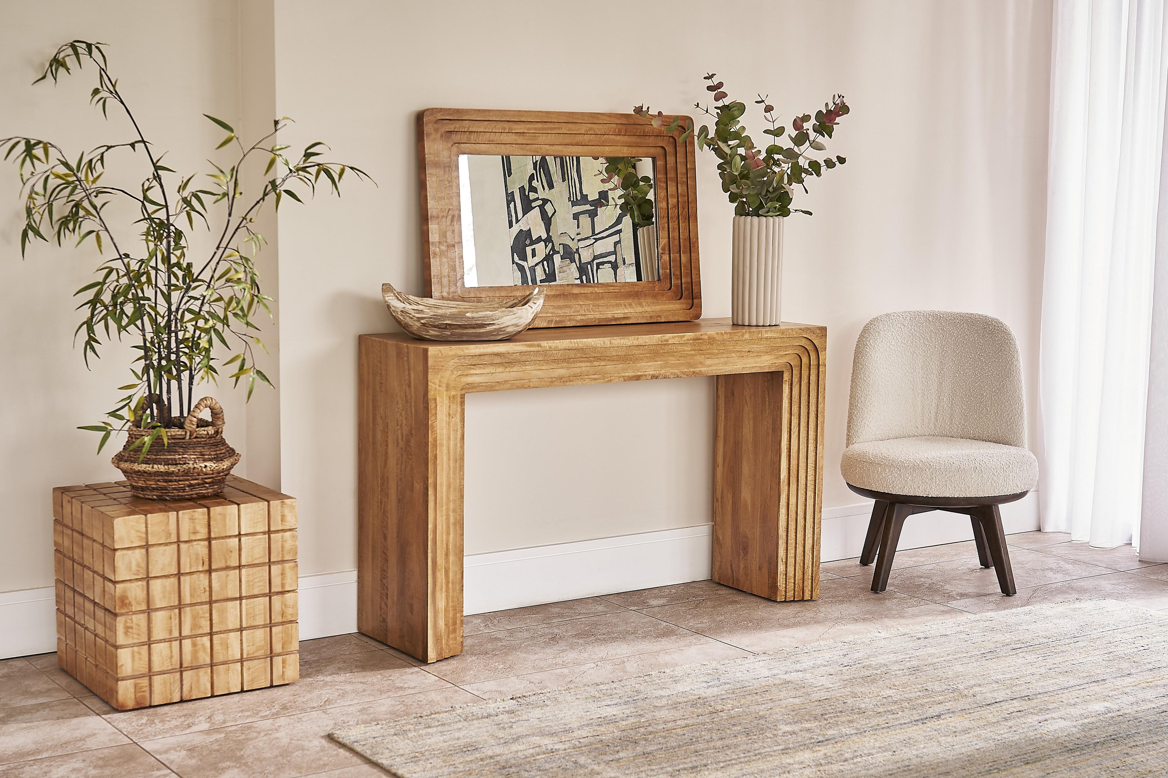Natural Mango Wood Console Table with Layered Edge Detailing - Home Furniture Interiors