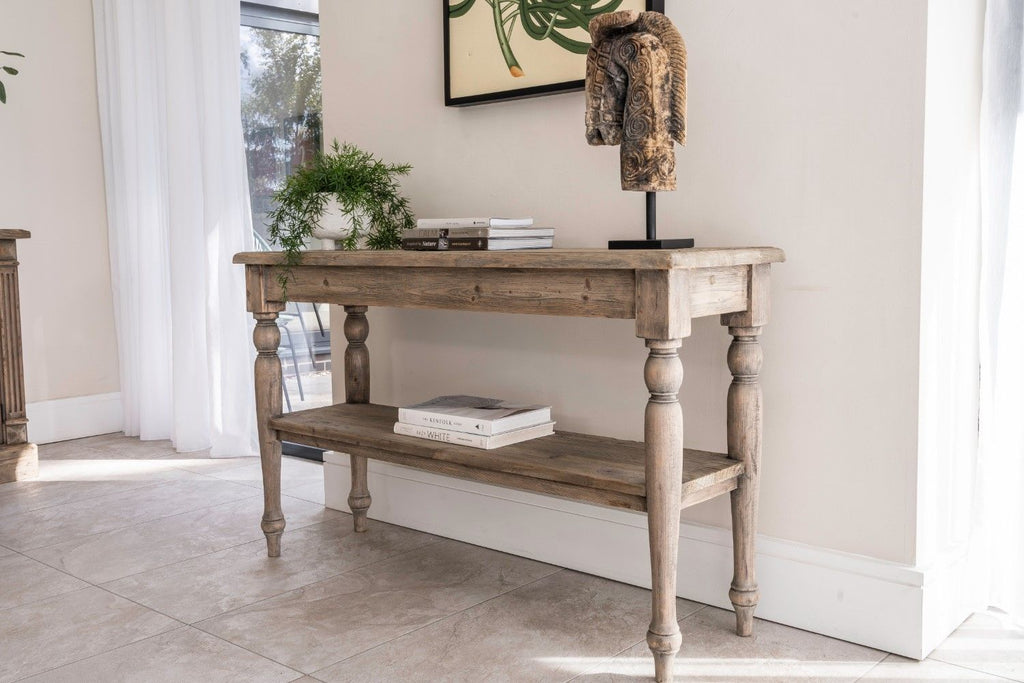 Rustic Reclaimed Wood Console Table with Turned Legs and Lower Shelf