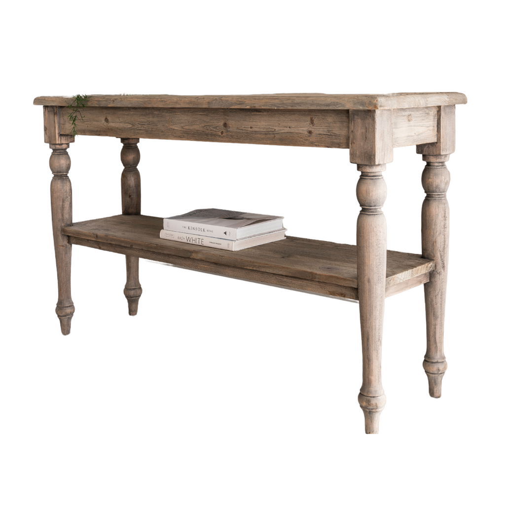 Rustic Reclaimed Wood Console Table with Turned Legs and Lower Shelf - Home Furniture Interiors