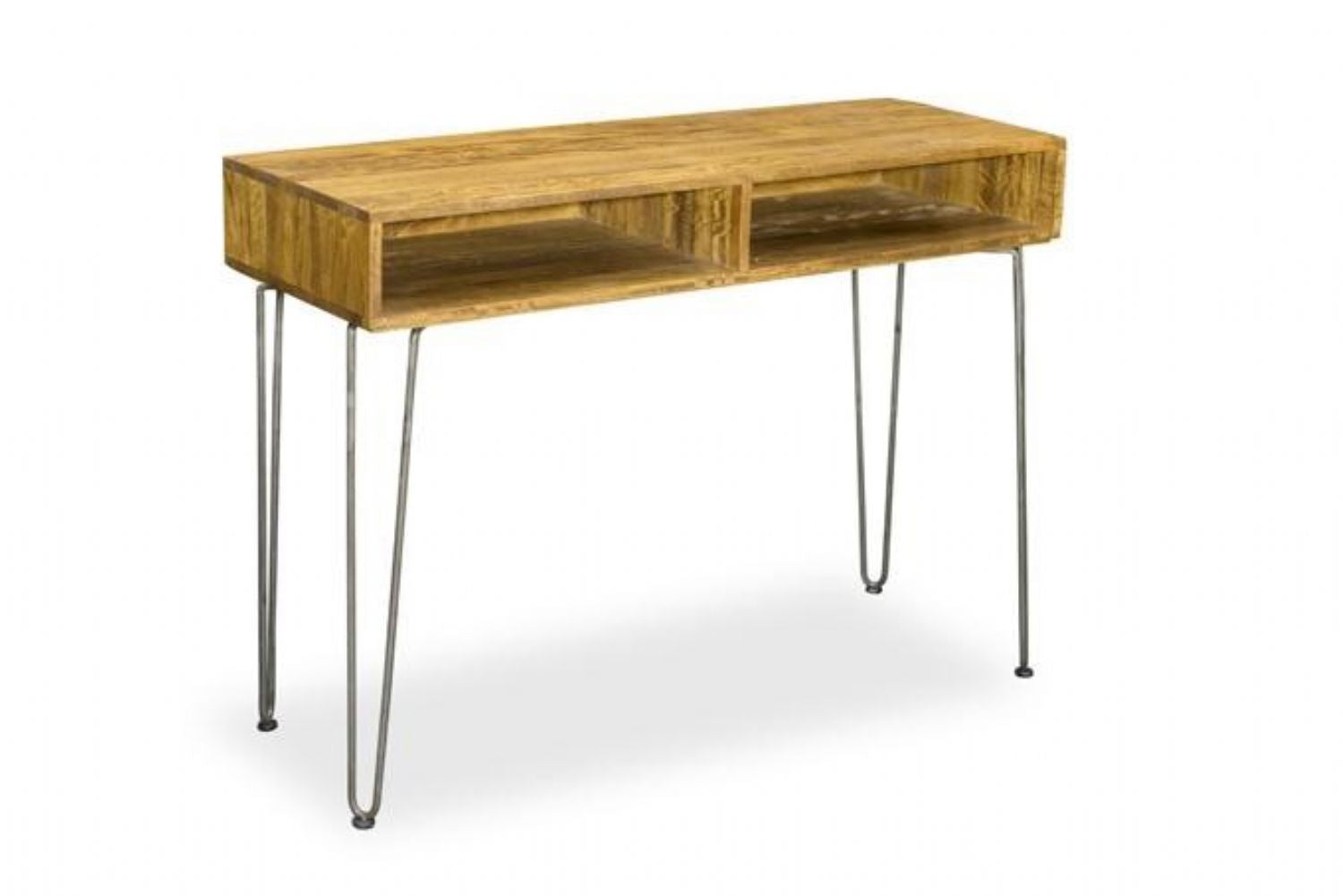 Retro Mango Wood Open Shelf Console Table with Gunmetal Hairpin Legs