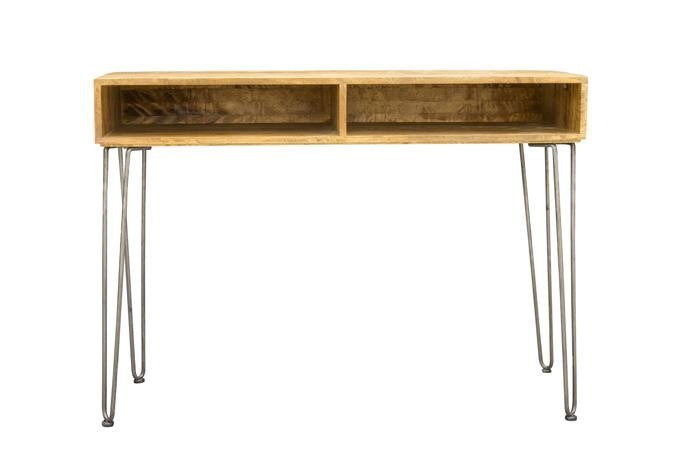 Retro Mango Wood Open Shelf Console Table with Gunmetal Hairpin Legs - Home Furniture Interiors