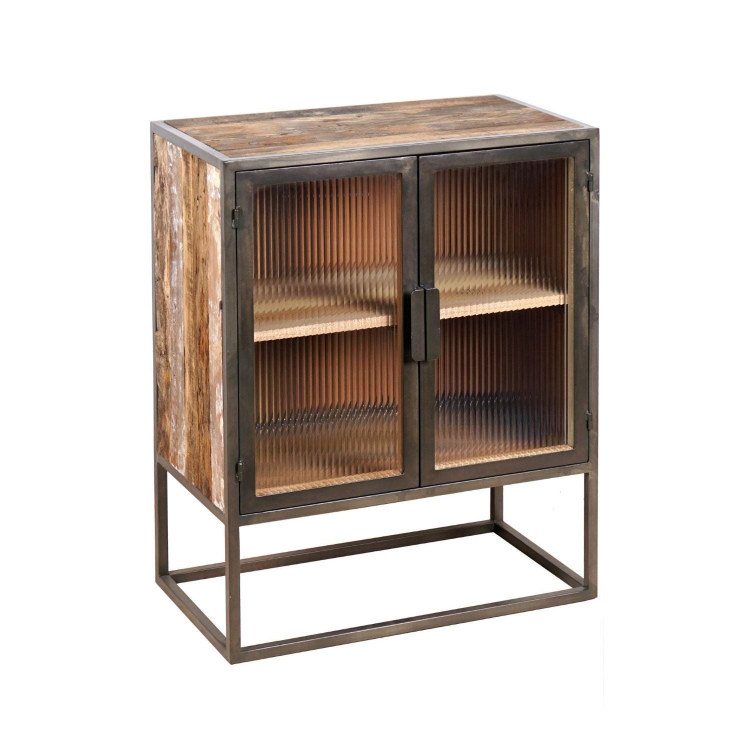 Dark Grey Recycled Wood and Metallic Small Cabinet with Ribbed Glass Doors