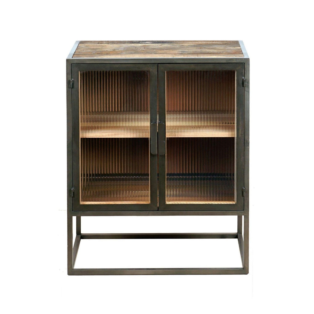 Dark Grey Recycled Wood and Metallic Small Cabinet with Ribbed Glass Doors - Home Furniture Interiors