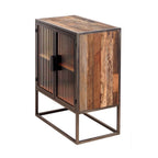 Dark Grey Recycled Wood and Metallic Small Cabinet with Ribbed Glass Doors - Home Furniture Interiors