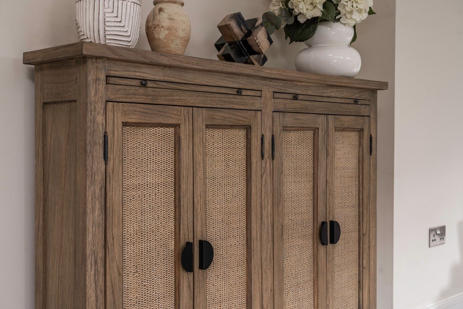 Traditional Solid Oak Large 2 Rattan Front Door Storage Cabinet - Home Furniture Interiors