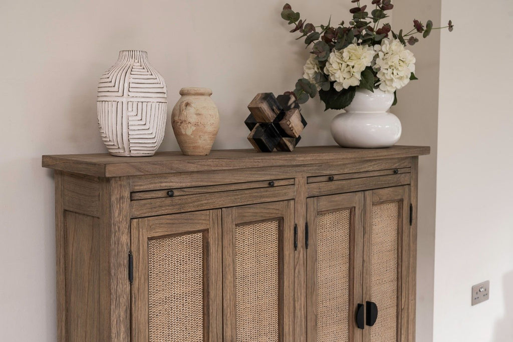 Traditional Solid Oak Large 2 Rattan Front Door Storage Cabinet - Home Furniture Interiors