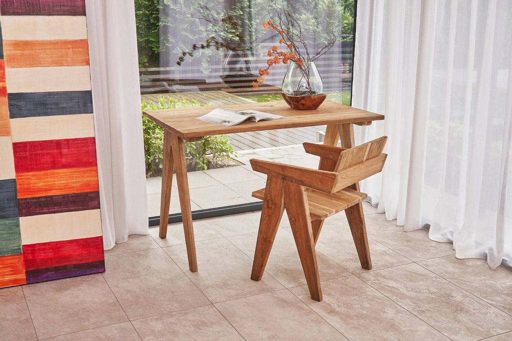Artisan Rectangular Teak Wood Desk with Sculpted Angular Legs - Home Furniture Interiors