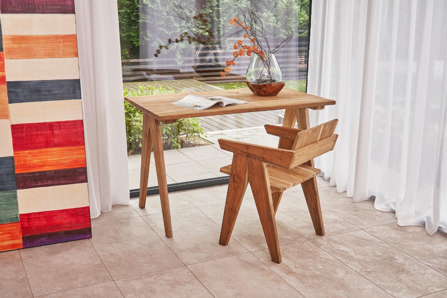 Artisan Rectangular Teak Wood Desk with Sculpted Angular Legs - Home Furniture Interiors