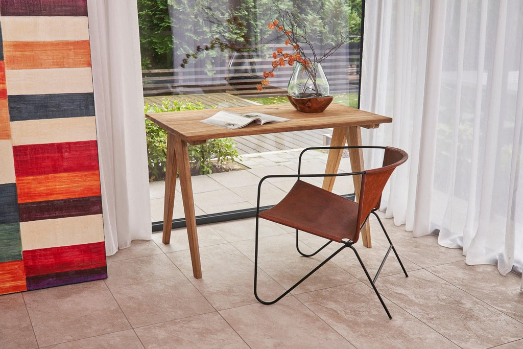 Artisan Rectangular Teak Wood Desk with Sculpted Angular Legs - Home Furniture Interiors