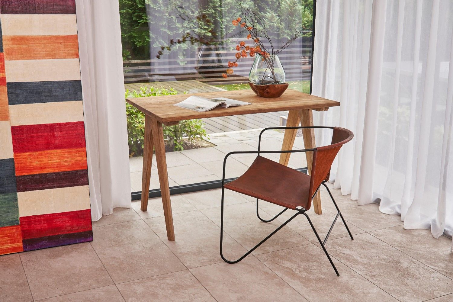 Artisan Rectangular Teak Wood Desk with Sculpted Angular Legs - Home Furniture Interiors