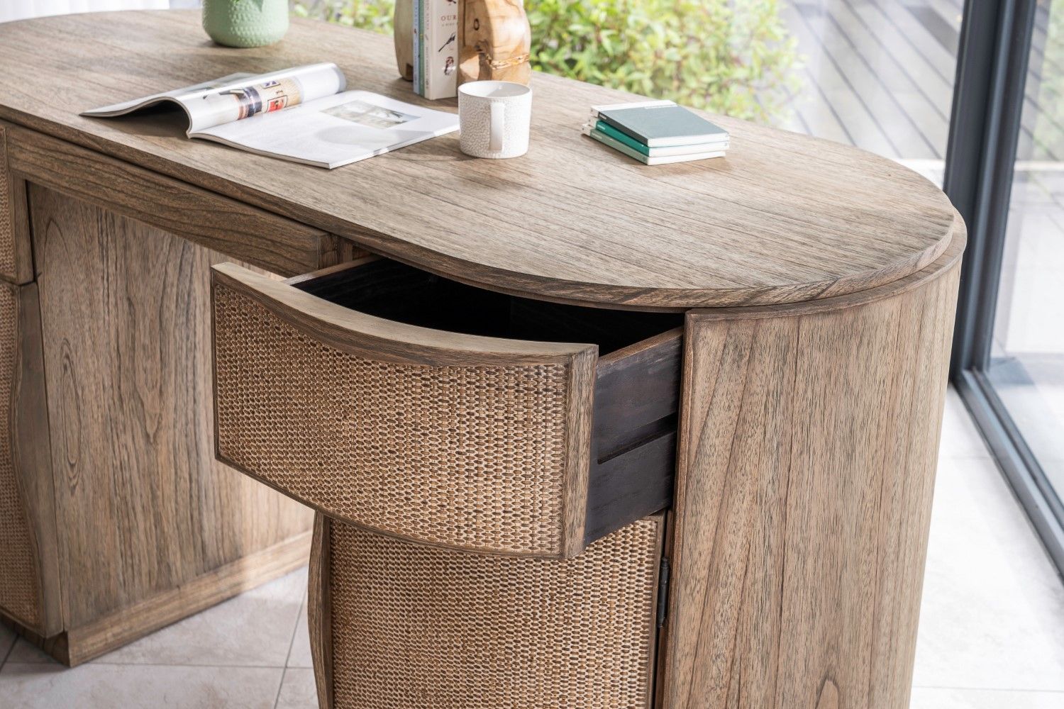 Rustic Oak Rattan Home Office 2 Drawer Oval Desk - Home Furniture Interiors