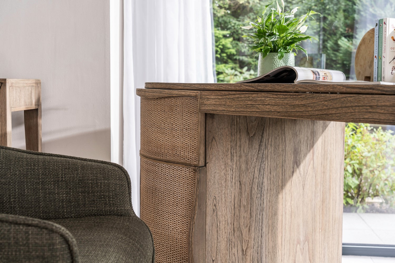 Rustic Oak Rattan Home Office 2 Drawer Oval Desk - Home Furniture Interiors