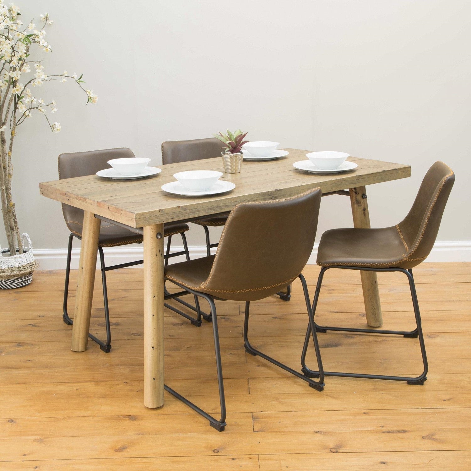 Industrial Brown Vegan Leather Scoop Seat Dining Chair with Steel Base - Home Furniture Interiors