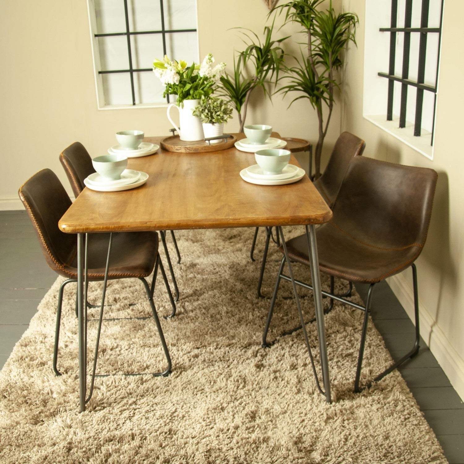 Industrial Brown Vegan Leather Scoop Seat Dining Chair with Steel Base - Home Furniture Interiors