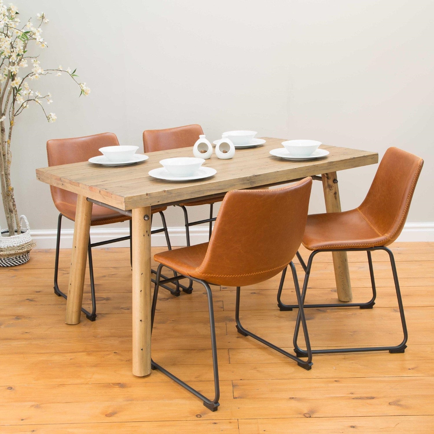 Industrial Tan Vegan Leather Scoop Seat Dining Chair with Steel Base - Home Furniture Interiors
