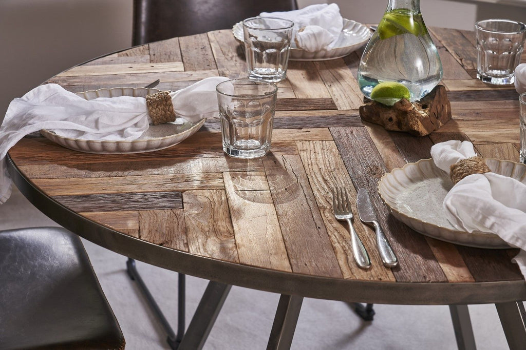 Natural Recycled Wood and Metallic 4 Seater Round Dining Table - Home Furniture Interiors