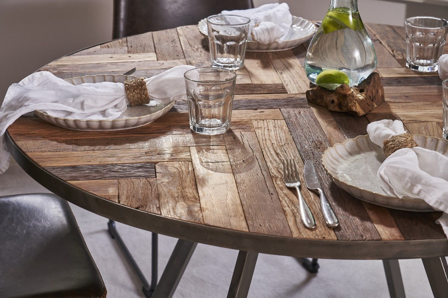 Natural Recycled Wood and Metallic 4 Seater Round Dining Table - Home Furniture Interiors