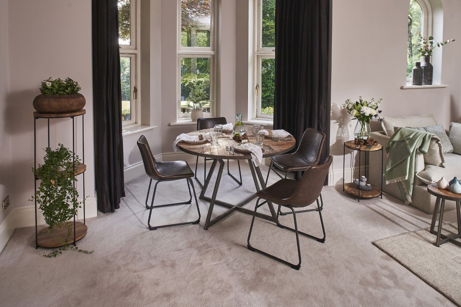 Natural Recycled Wood and Metallic 4 Seater Round Dining Table - Home Furniture Interiors