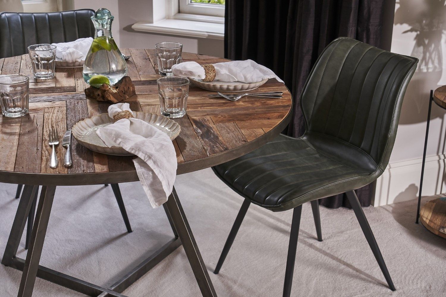 Natural Recycled Wood and Metallic 4 Seater Round Dining Table - Home Furniture Interiors
