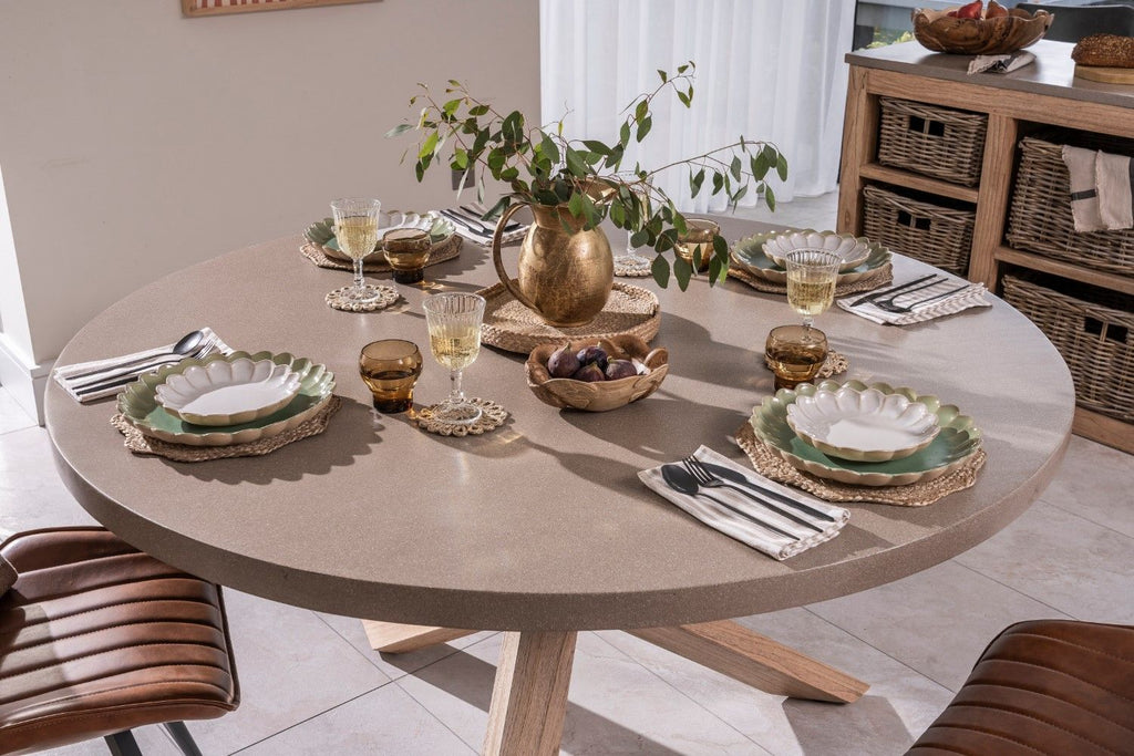 Modern Oatmeal Oak 4 Seater Round Dining Table 150cm - Home Furniture Interiors