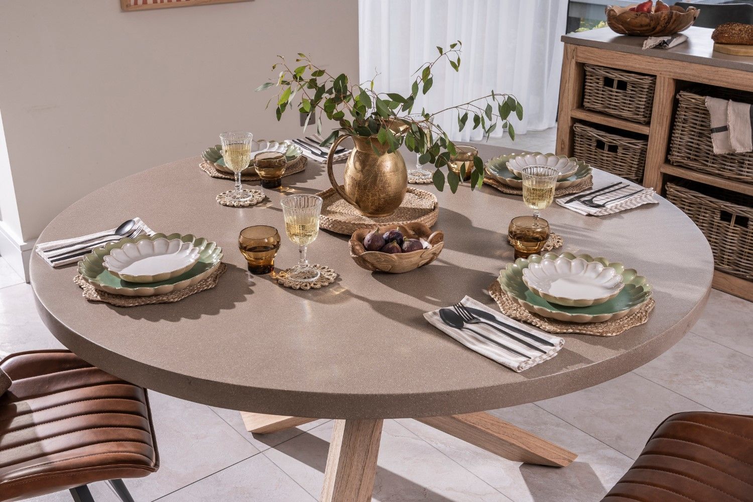 Modern Oatmeal Oak 4 Seater Round Dining Table 150cm - Home Furniture Interiors